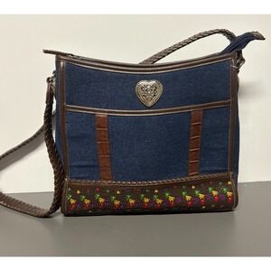 Marlo Blue Denim Leather Crossbody Bag Colorful Embroidered Heart Charm Brighton